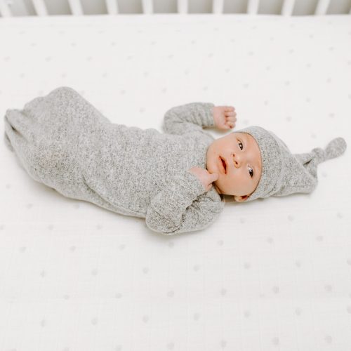 AGHN20002 3 heather grey snuggle knit newborn knotted gown hat