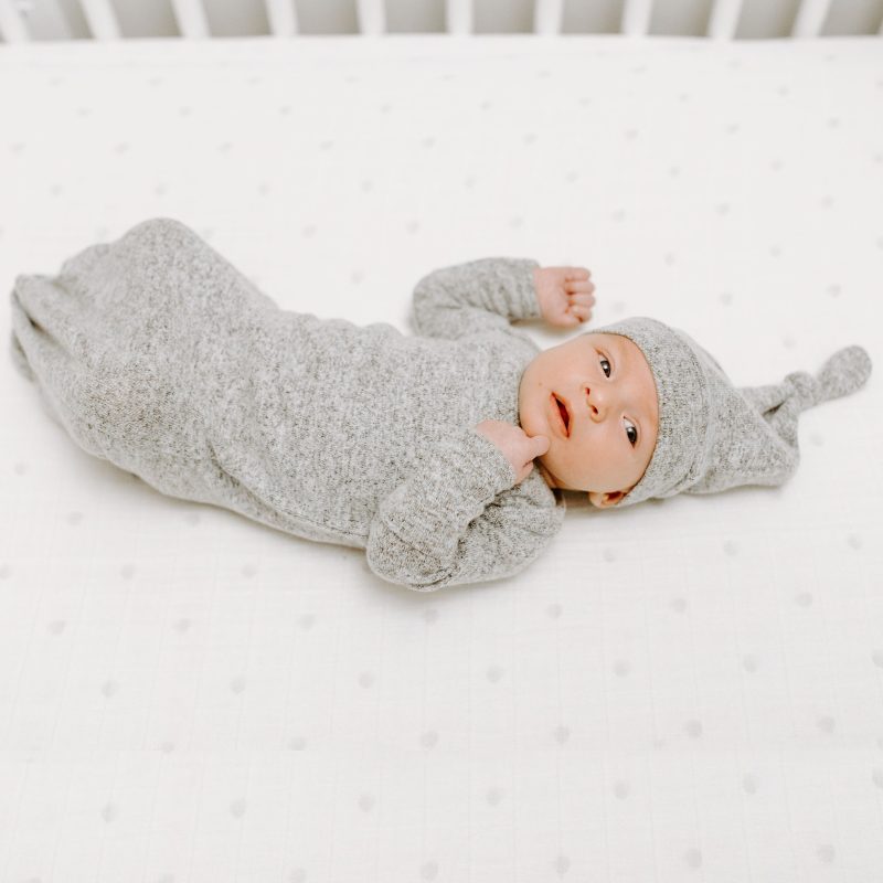 AGHN20002 3 heather grey snuggle knit newborn knotted gown hat