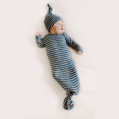 AGHN20003 3 navy stripe snuggle knit newborn knotted gown hat