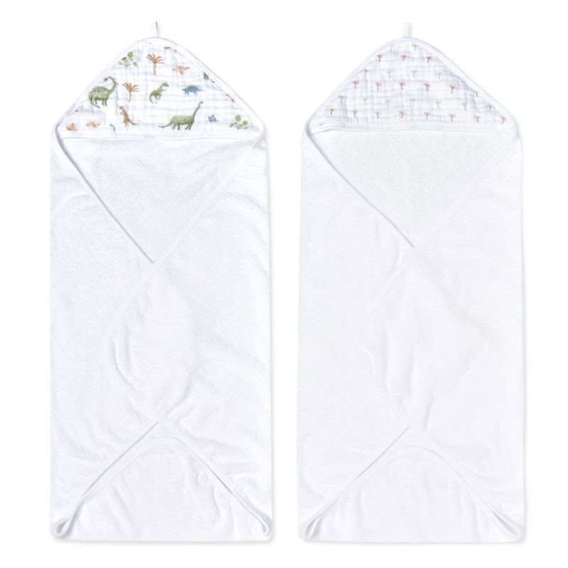 ehtc20025 1 baby cotton muslin hooded towels dino jungle 2pack